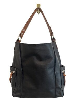 NINO BOSSI Purse Black Leather Tote Shoulder Bag Large Brown Trim EUC